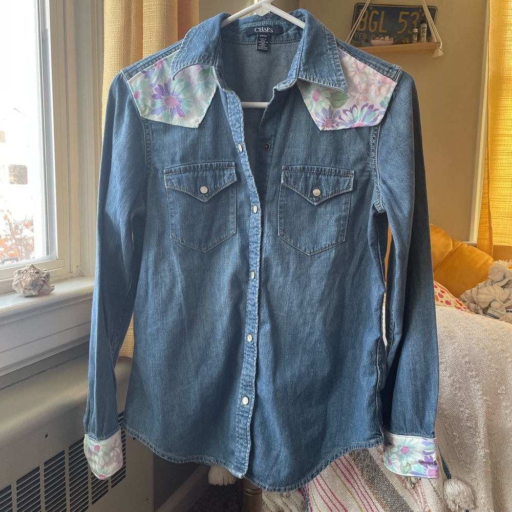 Chaps Flower Patchwork Pearl Snap Button Down - image 2